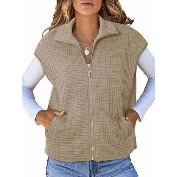 Womens Vest Tops Zipper Up Cap Sleeve Side Pockets Waffle Knit Sleeveless Oversized Vests Khaki S
