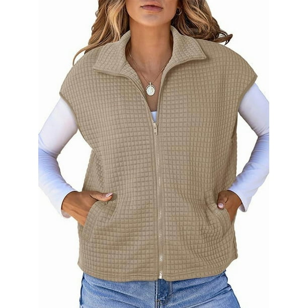 Chalecos de Mujer con Cremallera, Mangas , Bolsillos Laterales, Tejido Gofre, Sin Mangas, Chalecos Extragrandes. Caqui XL