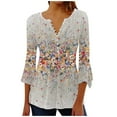 thumbnail image 2 of Beige Women's Long Sleeve T-shirt, Summer Tops For Women 2025 Trendy Boho Floral Print Tunic Shirts 7 Sleeve V Neck Tshirt Casual Loose Blouse,Women's Long sleeve T-shirt XL, 2 of 4