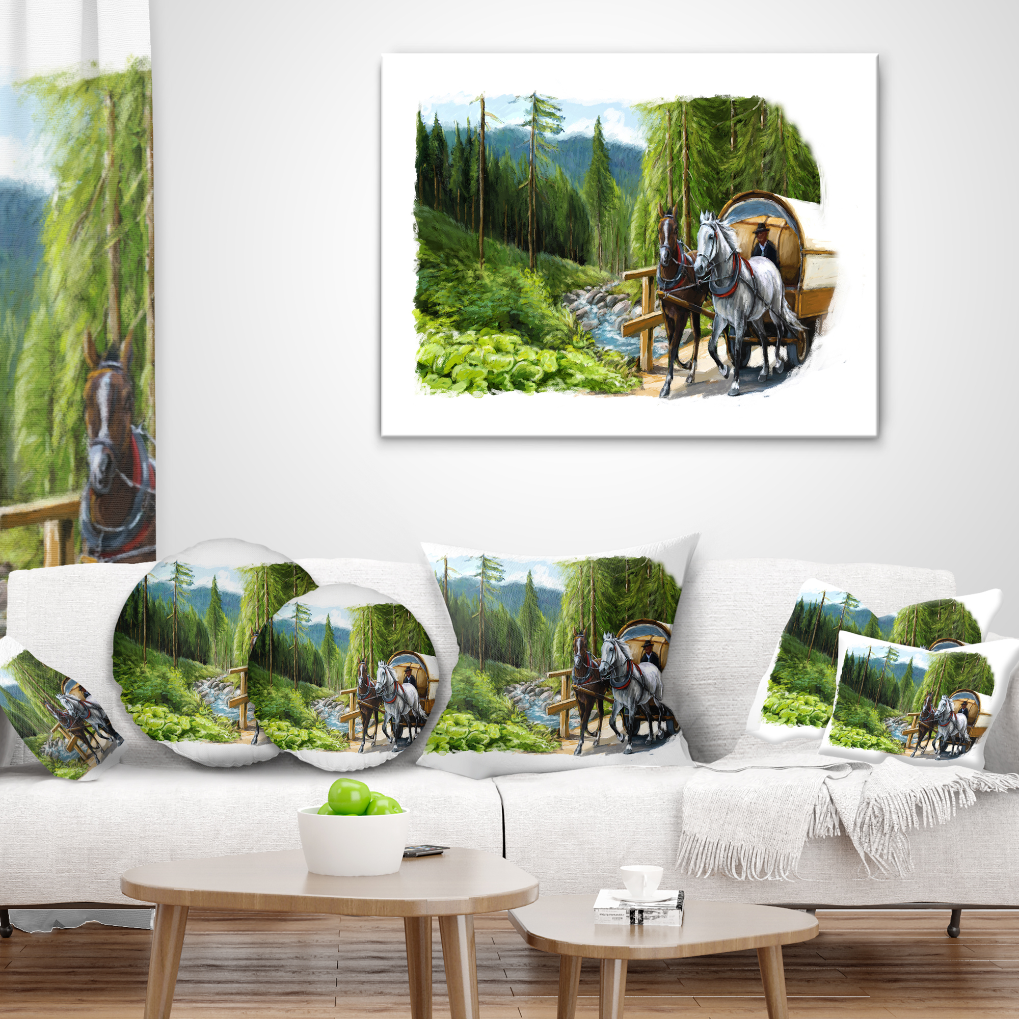 Designart Green Landscape with Horse - Abstract Throw Pillow - 16x16