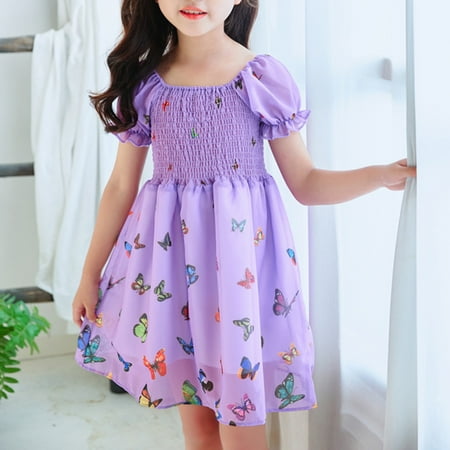 

Cute Butterfly Print Ruffle Dress Puff Sleeve Elastic Waisted Short Sleeve Princess for Kid Toddler Girl Graphic Summer Beach Dress