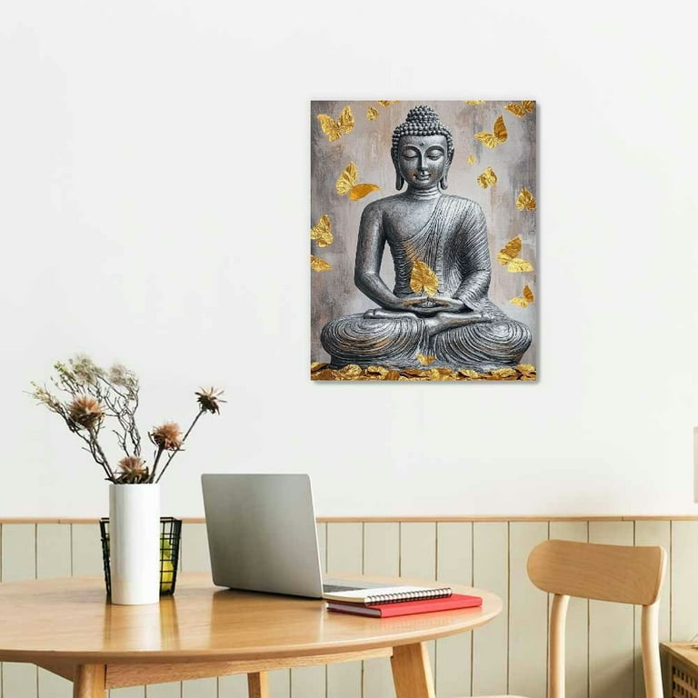 Buddha Canvas Wall Art Gold-foil: Zen Statue Textured Print with