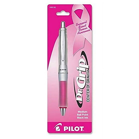 Pilot Dr. Grip Center of Gravity (1) Pink Retractable Breast Cancer Awareness Ball Point Pens, Medium Point, Black Ink, (1) Black Refill Ink (36192)