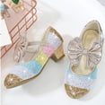 thumbnail image 5 of Xfvqtps New Kids Girls Dress Shoes Chunky Low Heels Velcro Sequins Bow Color Block Colorful Glitter Sparkling Ballet Performance Casual Wedding Party Mary Jane Princess Shoes Gold, 5 of 7