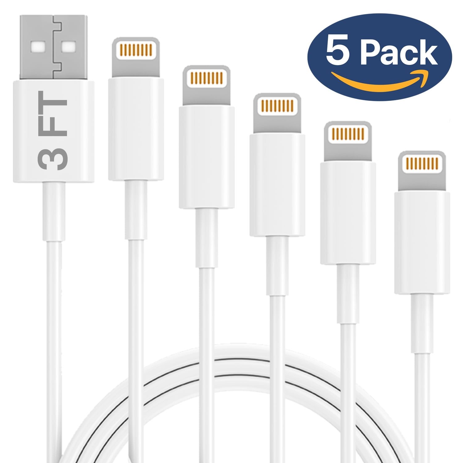 Ixir iPhone Charger Lightning Cable, 5 Pack 3FT USB Cable, For iPhone Xs, Xs Max, XR, X, 8 Plus, Plus, 6S, 6S Plus,iPad Air, Mini, iPod Touch, Case,