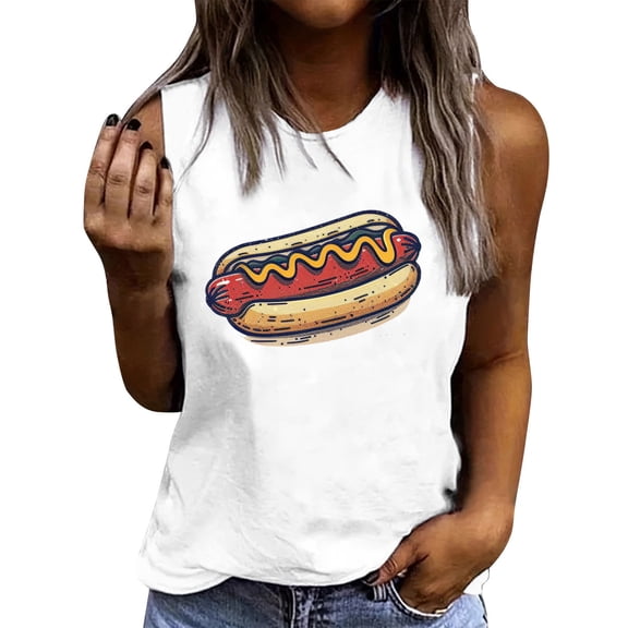 Afelkas Women's Retro Hot Dog Tank Tops Patriotic Graphic Sleeveless Shirts Summer Casual Crewneck Tee for 4th of July BBQ Garden Party White,XXL