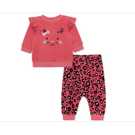 Little Me Baby Girls Leopard Kitty 2-Pc. Velour Top & Pants Set - Camelia Rose