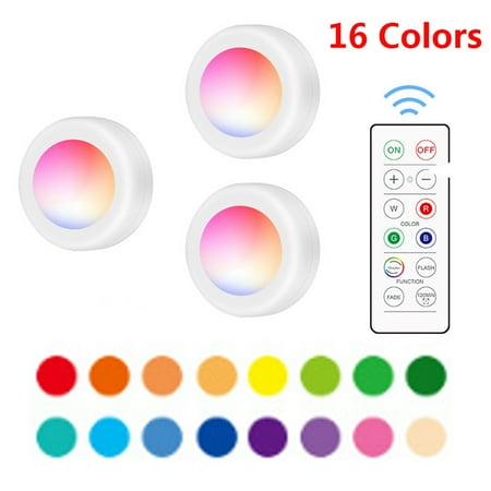 

RGB LED Under Cabinet Lamp Puck Light 3 Pack with Remote Control Brightness Adjustable Dimmable Timing Supported 16 Colors Automatic Changing/ Flash/ Fade 3 Lighting Modes Battery Operated