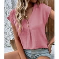 thumbnail image 6 of Kovlvoll Womens Tops Summer 2 Buttons V-Neck Solid Color Short Sleeve Shirts Loose Casual Lightweight Comfy Top Blouse, 6 of 6