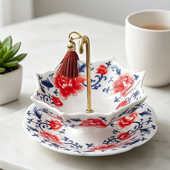 Oriental Umbrella‑Shaped Tea Strainer, Umbrella‑Shaped Ceramic Tea Strainer with Drip Tray, Floral Porcelain Loose Leaf Tea Infuser with Hanging Tassel, Elegant Kung Fu Tea Accessory(A)
