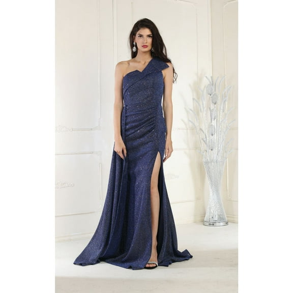 Women's May Queen MQ1976 One Shoulder Prom 2026 Gown with Side Cape Royal Blue 12