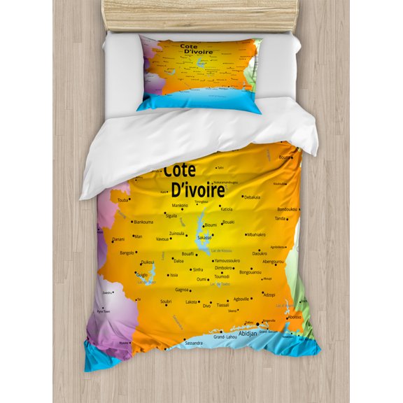Ivory Coast Duvet Cover Set Twin Size, Cote D'Ivoire Map Illustration with Vivid Colors Country and Cities, Decorative 2 Piece Bedding Set with 1 Pillow Sham, Orange and Multicolor, by Ambesonne