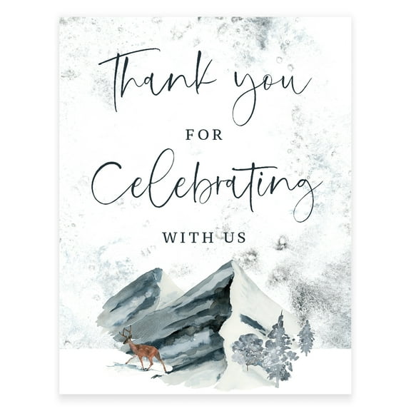 Koyal Wholesale Unframed Winter Snowy Woodland Forest Watercolor Party Sign, Thank You For Celebrating With Us, 1- Pack