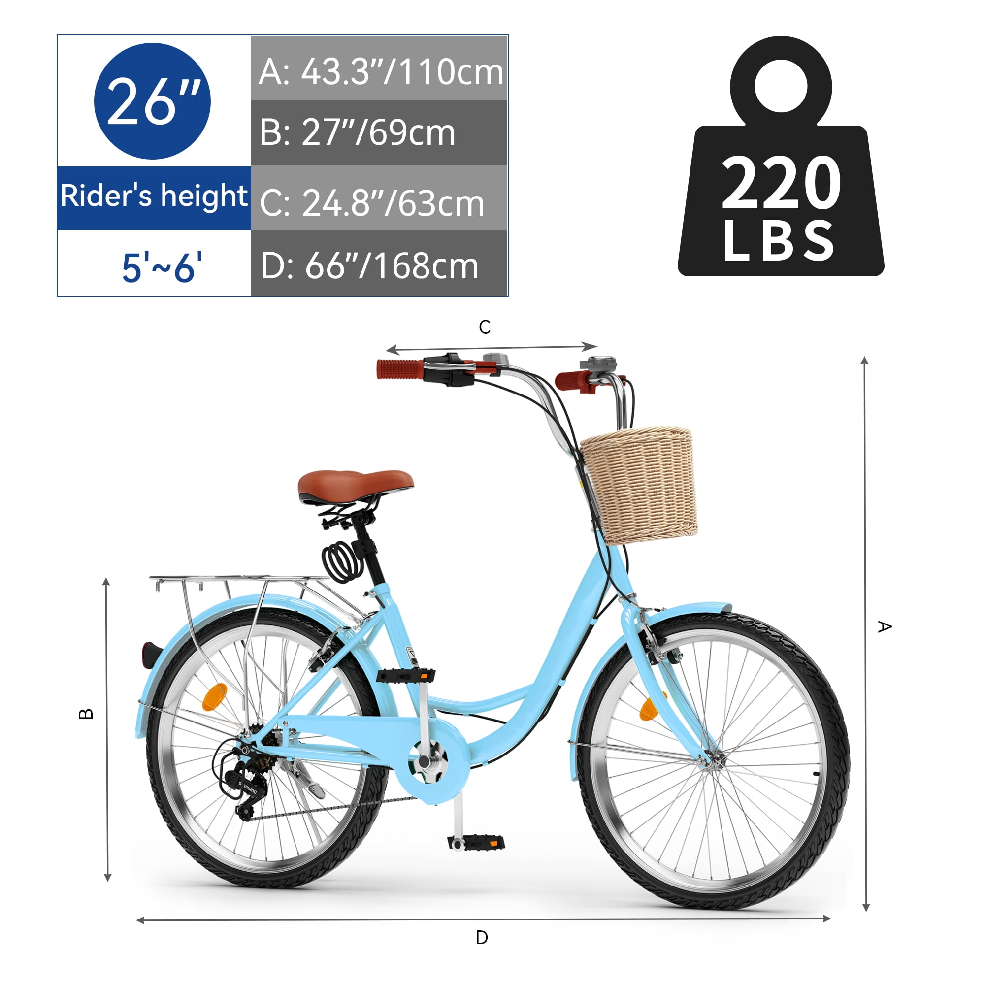 Uforic 26 inch 7 Speed Beach Cruiser Bike with Adjustable Seat for Women for Adults, Light Blue
