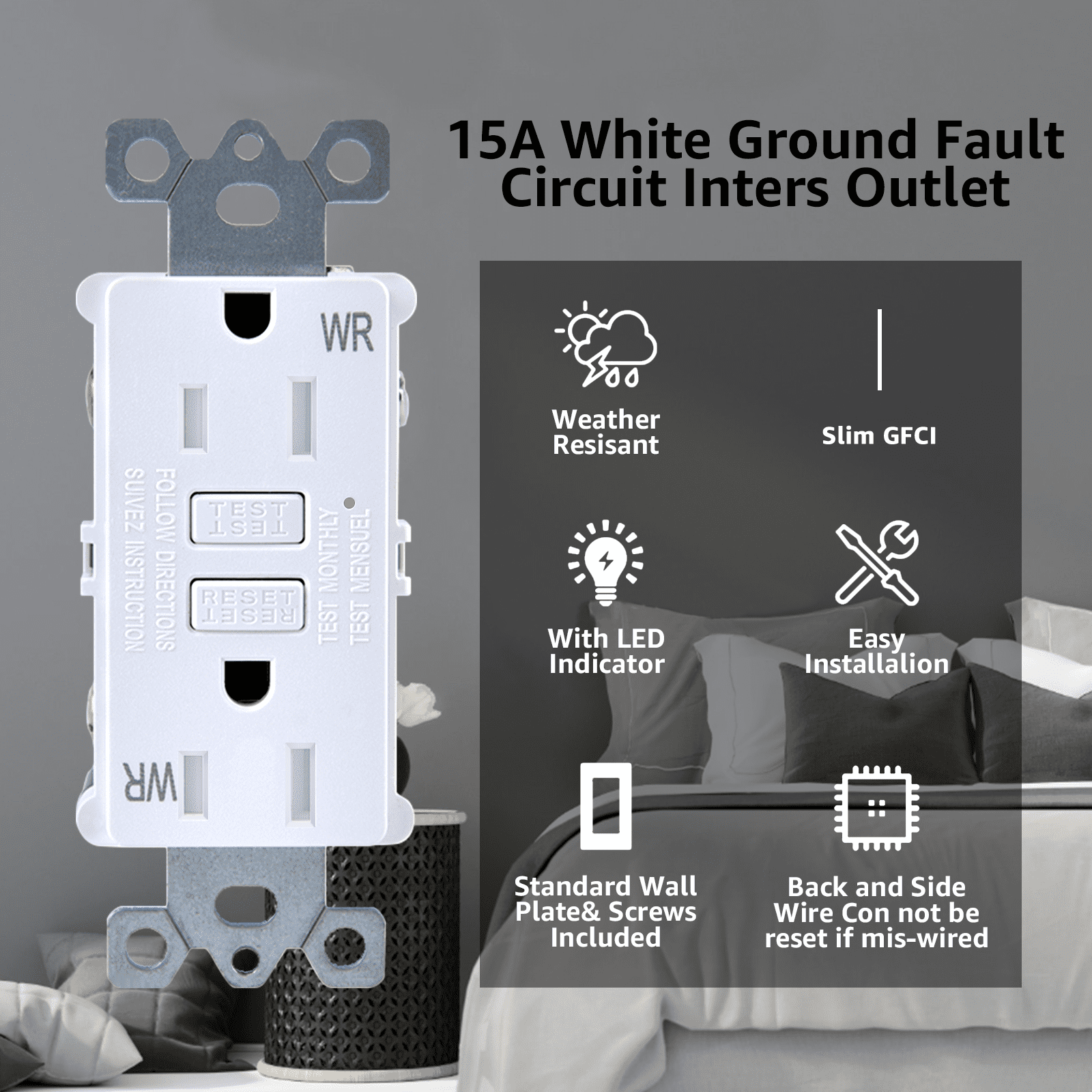 Slim GFCI Outlet 15 Amp,Thin GFI Electrical Outlet,Slim Ground Fault Receptacle Outlet Weather 125 Volt,with Decorator Screwless GFCI Plate,ETL Listed,White GFI,2PK