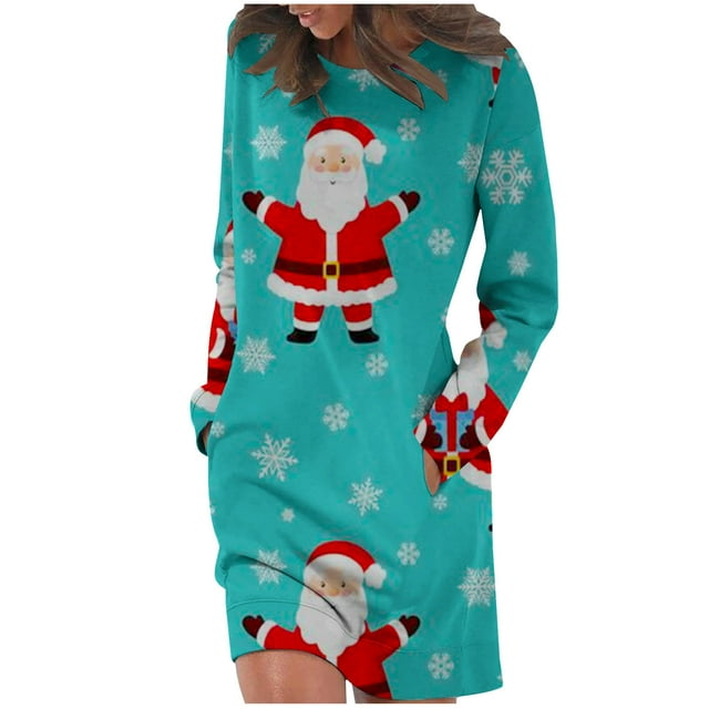 Pompotops Robe de Mode Décontractée Confortable à Manches Longues Col Rond Imprimé de Noël en Solde