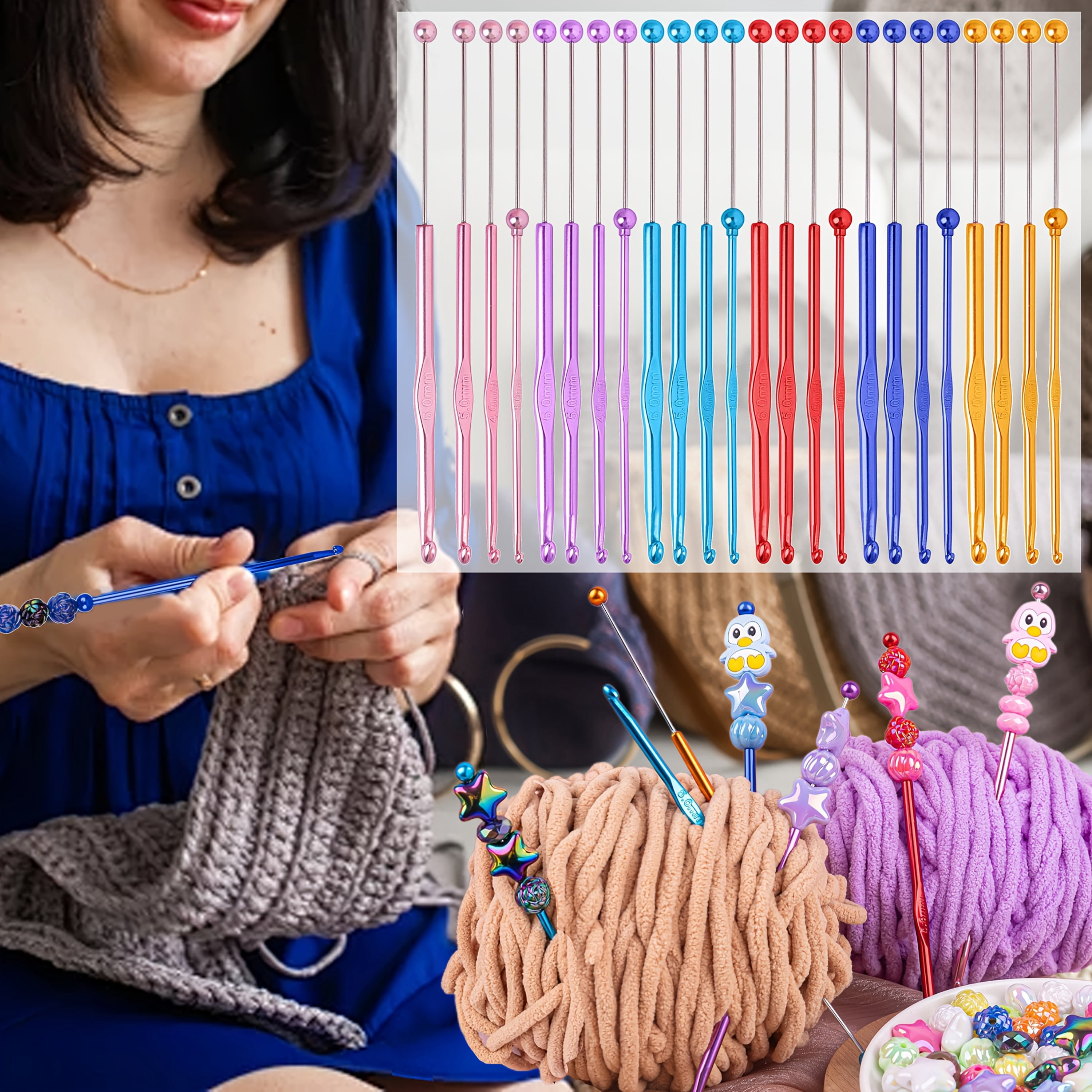 24Pcs DIY Beadable Crochet Hooks Beadable Knitting Needles Set Aluminum Handle for Beads DIY Gift for Women DIY Jewelry Making Supplies