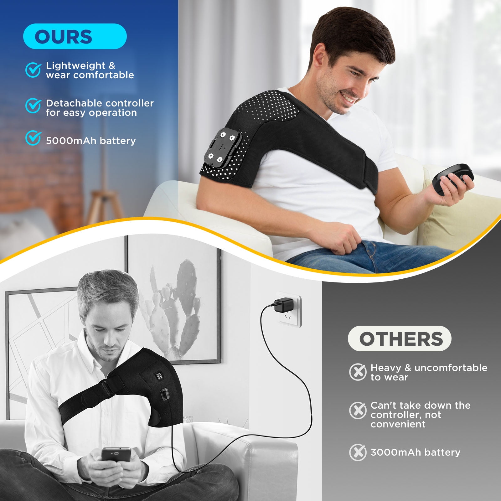 Heated Shoulder Brace Cordless Shoulder Heating Pad with 6 Heat Options 3 Vibration Modes for Neck Shoulder Muscle Relax, Rotator Cuff Support Gifts for Men & Women, Black