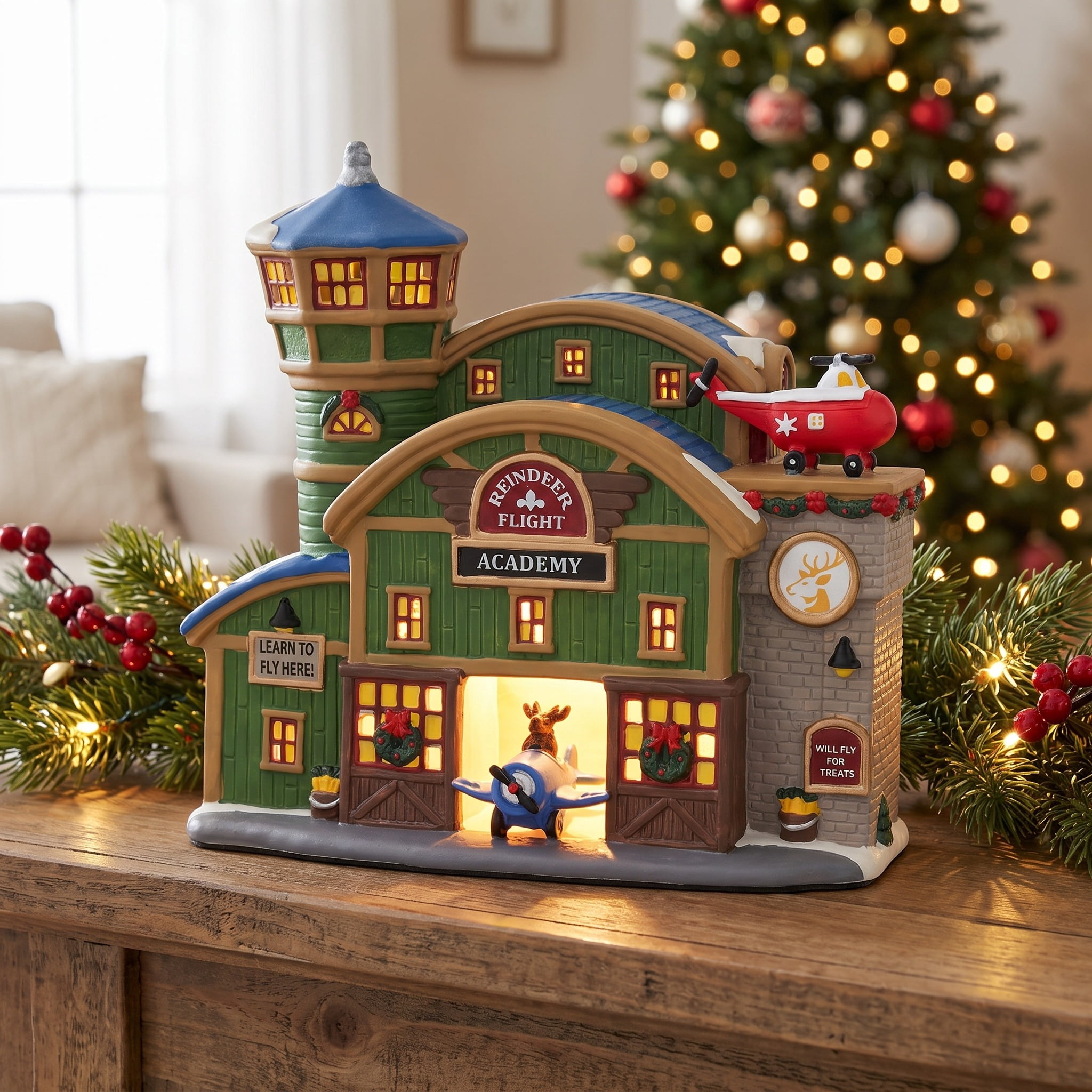 Light-Up Porcelain Reindeer Academy Christmas Village Building, Multicolor, 8", by Holiday Time