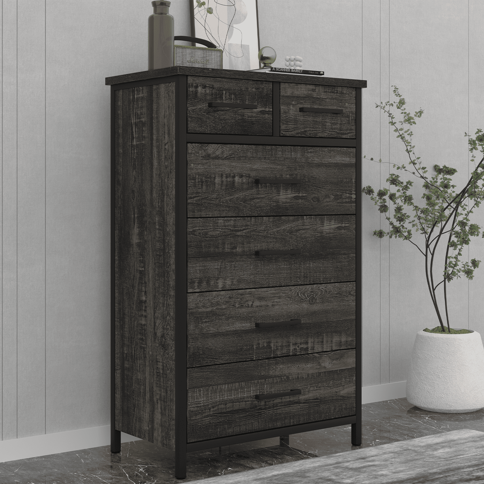 IKENO 6 Drawer Tall Dresser with Sturdy Metal Frame, Industrial Vintage ...