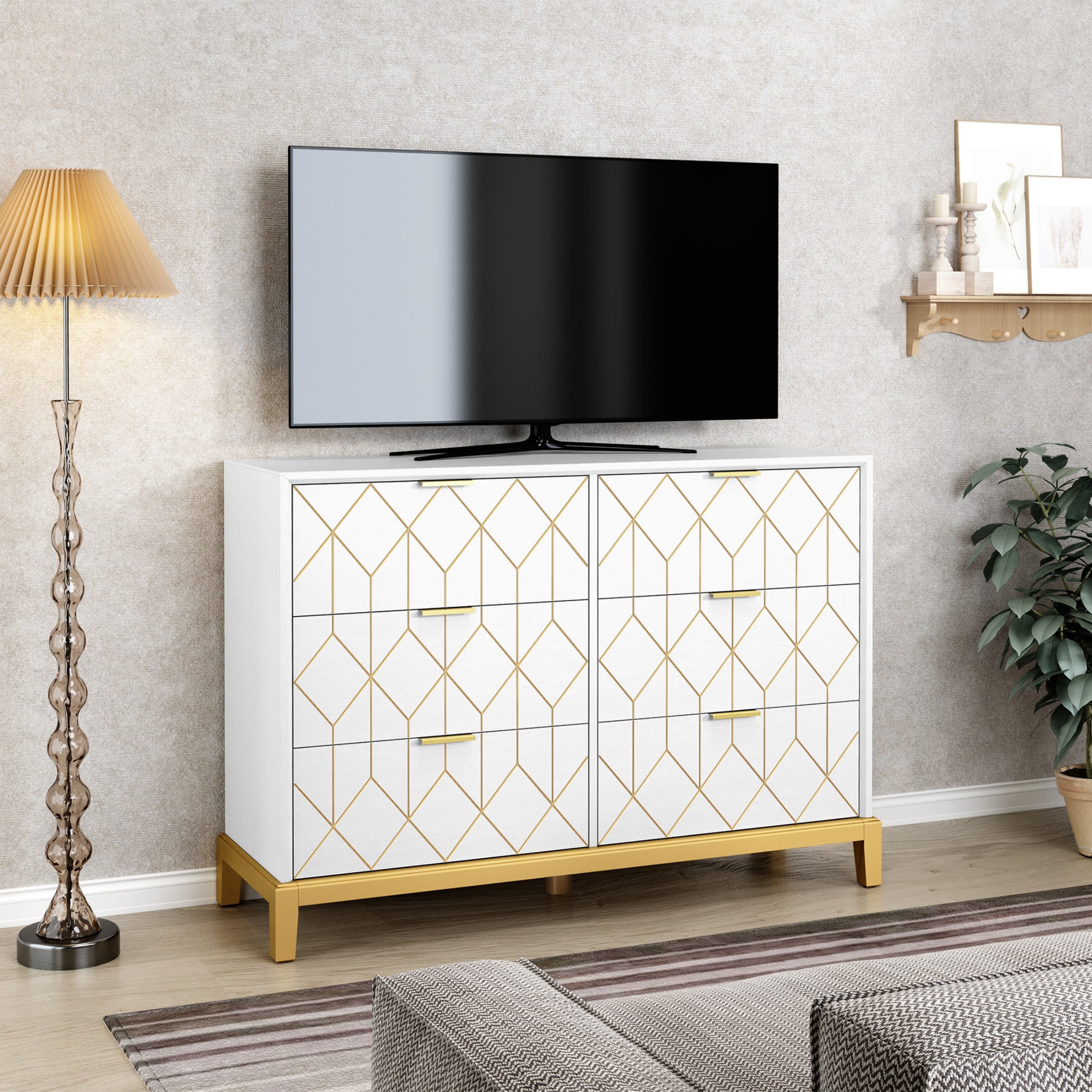 HLR Modern 6 Drawers Dresser, White Wood Dresser for Bedroom Wide Chest of Drawers, Storage Double Dressers Organizer for Bedroom, Living Room