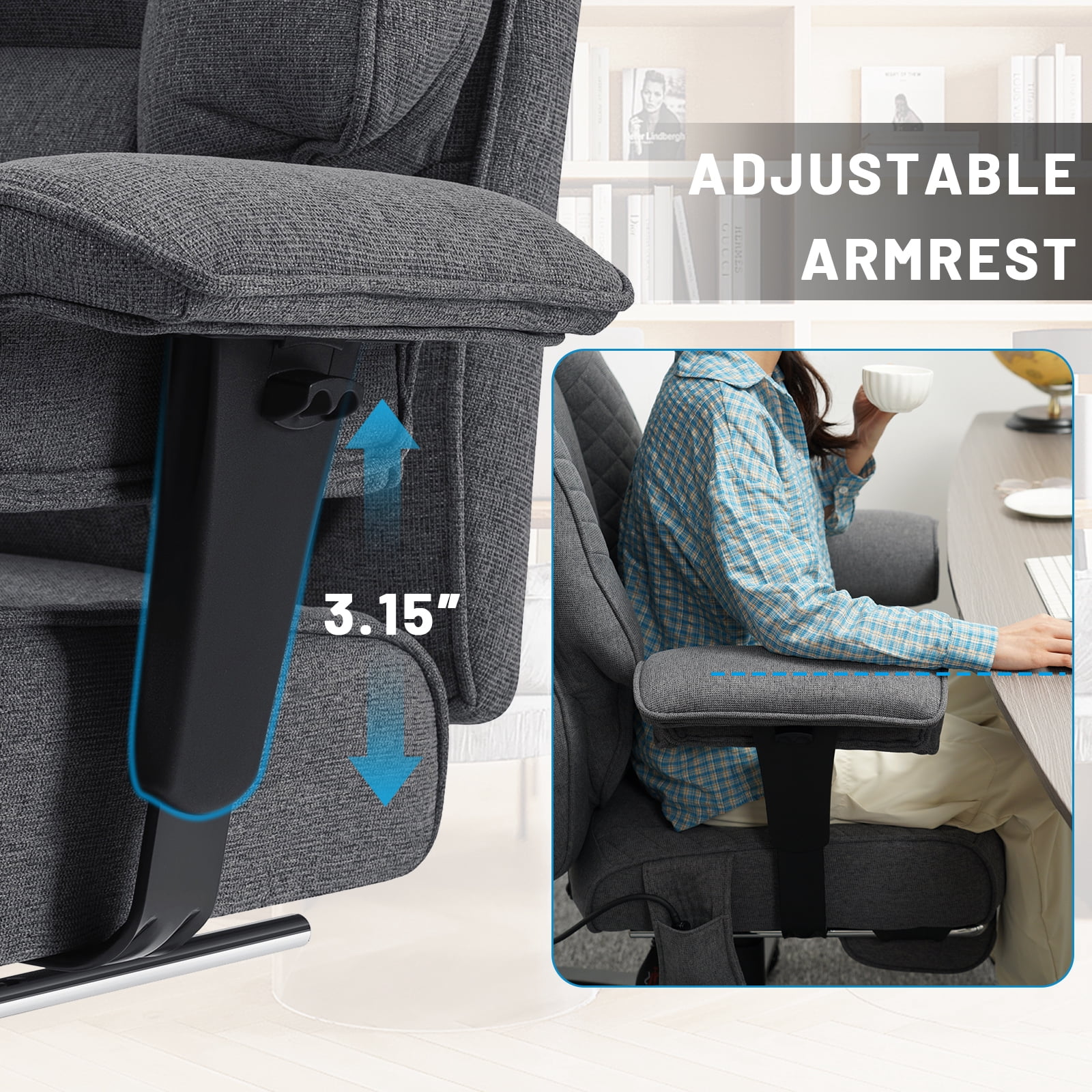 Hoffree Big and Tall Office Chair 500lbs, Reclining Ergonomic Desk Chair with Adjustable Lumbar Support, Arms and Headrest, Executive Fabric High Back Computer Chair with Footrest for Home, Gray