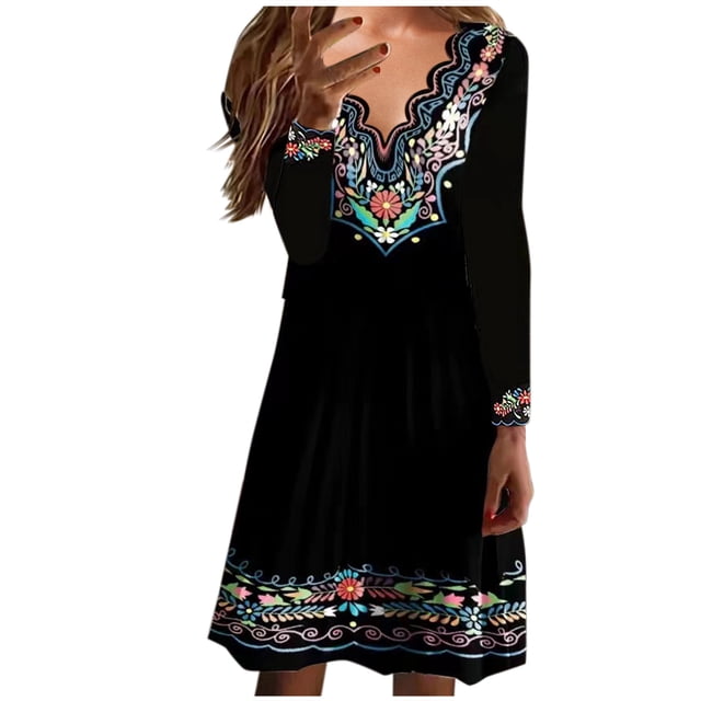 Lovzfmll Robe Mode Femme Col en V Imprimé Manches Longues Patchwork Décontractée Longueur Genou Noir, 2TG