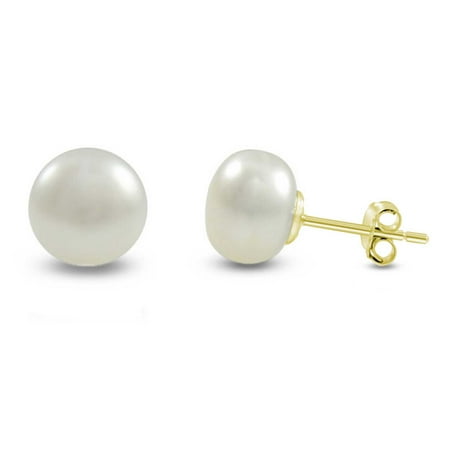 10mm AAA Freshwater Cultured White Pearl Button Stud Earrings 10K Yellow Gold