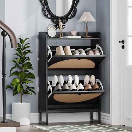 Shoe Cabinet with 2 Handmade Natural Rattan Flip Drawers, Entryway Shoe Rack Storage Organizer for Sneakers, Slippers, Free Standing Shoe Racks, Black……