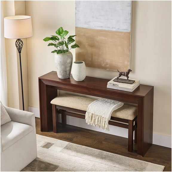 Cherry Retro Counter Height Table Set for Two with Upholstered Stool, Fluted Design Kitchen Bar Table & Stool for Breakfast Nook, Behind Couch Dining
