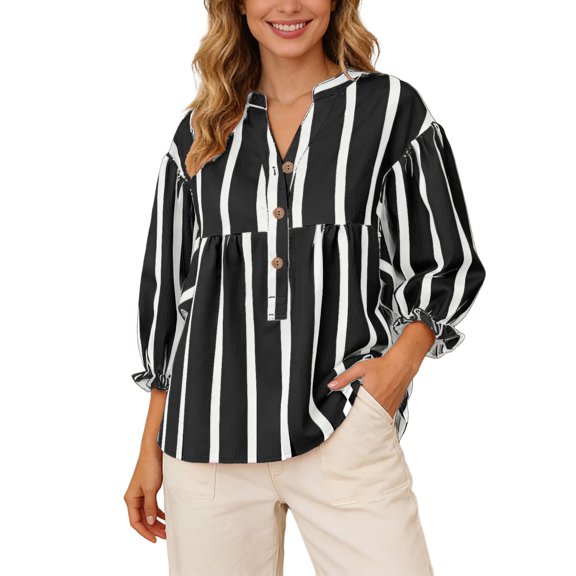 Bibifish Womens T-Shirts Classic Striped Pattern Loose Fit Tees Casual 3/4 Sleeve V-Neck T Shirts Spring Summer Stylish Daily Dating Going Out T Shirts
