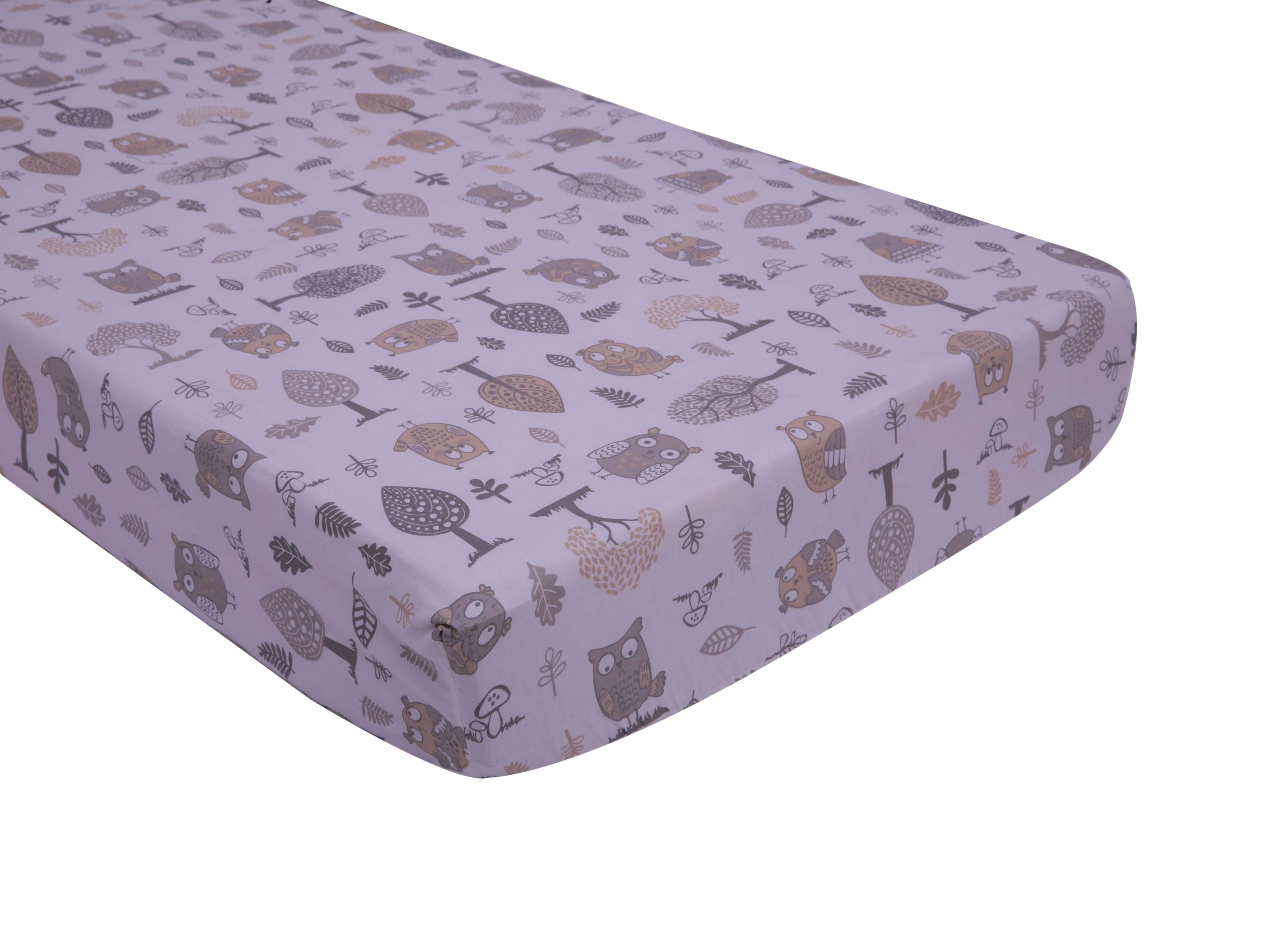 Bacati - Owls Grey/Beige Printed Crib Fitted Sheet