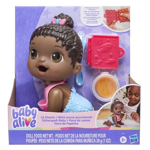 Baby Alive Lil Snacks Doll, Eats and "Poops," 8-inch Baby Doll Toy, Kids 3 and Up, Black Hair