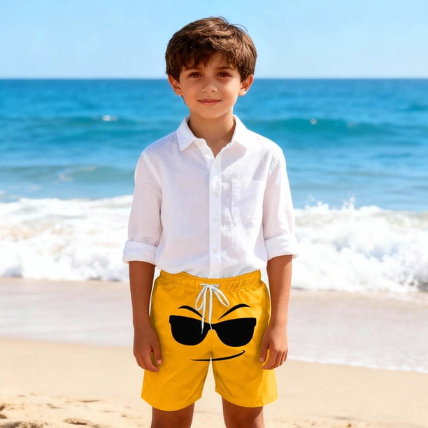 Pantalones cortos de playa para niños y niñas, de color liso, con estampado de expresión, transpirables y con bolsillos, para verano