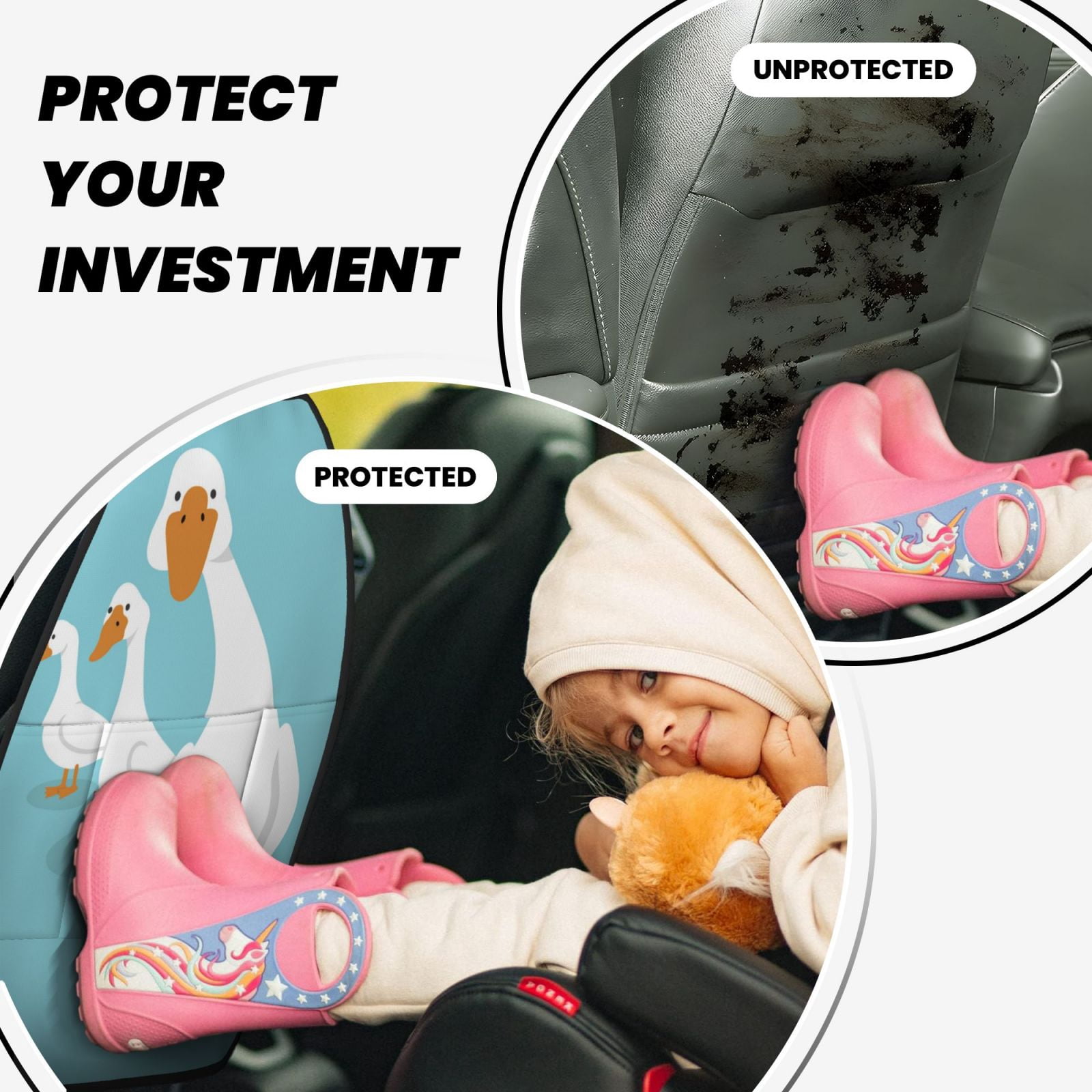 Kdxio Three White Geese Print 2 Pack Car Kick Mat Seat Cover Back Protector Mat with Pockets for Organizer Backseat Protector and Storage Anti Kick Pad for Vehicles