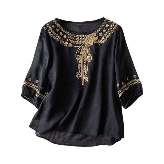 VNKIDY Women's Half Sleeve Crewneck T Shirts Vintage Gold Embroidery Pattern Loose Fit Tees For Casual Daily Outdoor Wear Stylish Tops