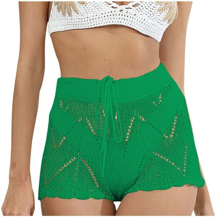 ShomPort Women s Hollow Out Crochet Bikini Cover Up Shorts Drawstring Elastic Waist Mini Beach Shorts