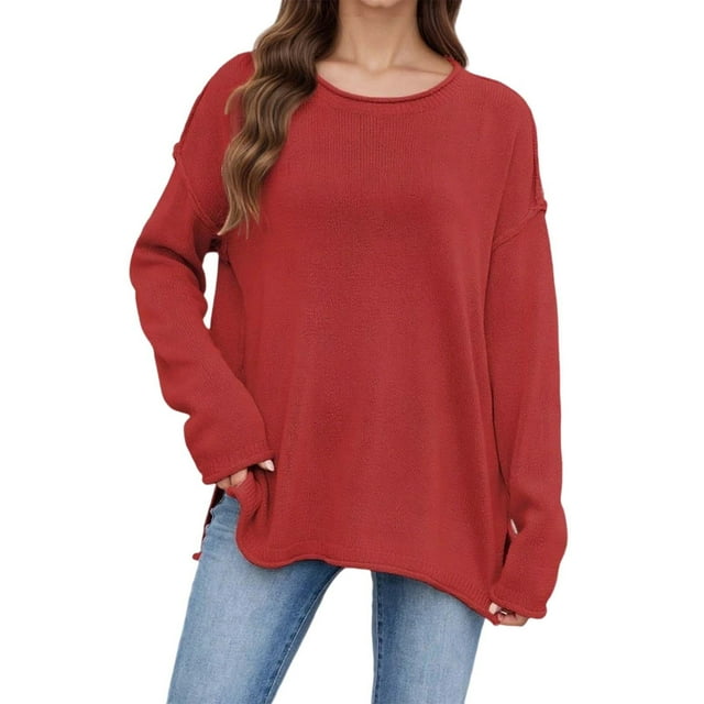 Lixiuxyad Chandail en Tricot pour Femme Grande Taille Extra Long Superposition Décontracté Coupe Ample Col Rond Manches Longues Chandail de Base pour l'Automne et l'Hiver Confortable Extensible Doux Chaud