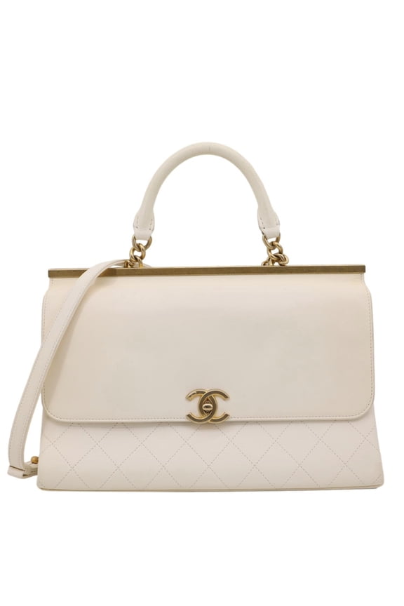 Pre-Owned Chanel Coco Luxe Flap Quilted Lambskin Leather Top Handle Shoulder Bag White