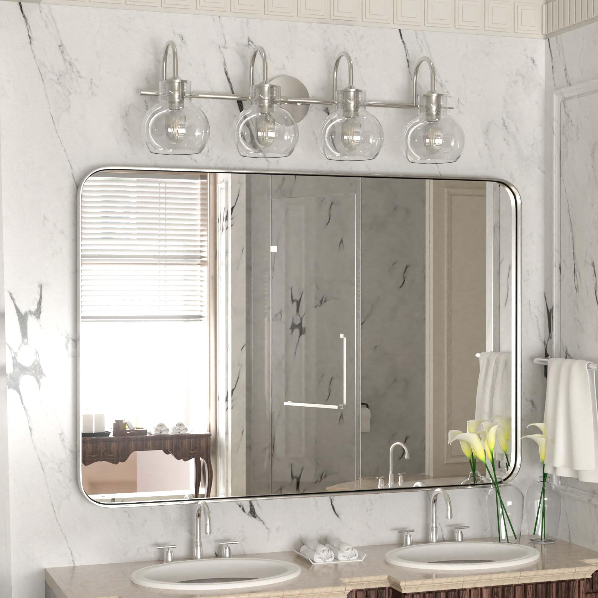 Modern Vanity Light, 4-Light Wall Sconce with Clear Glass Globe for Bedside - PAIHOME Bathroom Light Fixtures, 28"×9", Silver