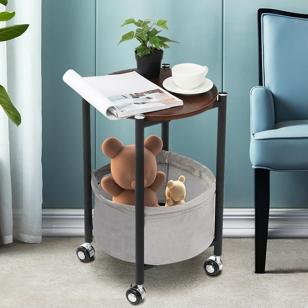 Vintage Round End Side Table With Storage Basket Industrial Coffee Night Stand Wood Look Accent Furniture Metal Frame Com Storage Basket Industrial Coffee Table, Vintage Round End Table With Storage