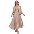thumbnail image 1 of Vestido Mother of The Bride CDSSL de chifón marrón con encaje y lentejuelas, 1 of 6
