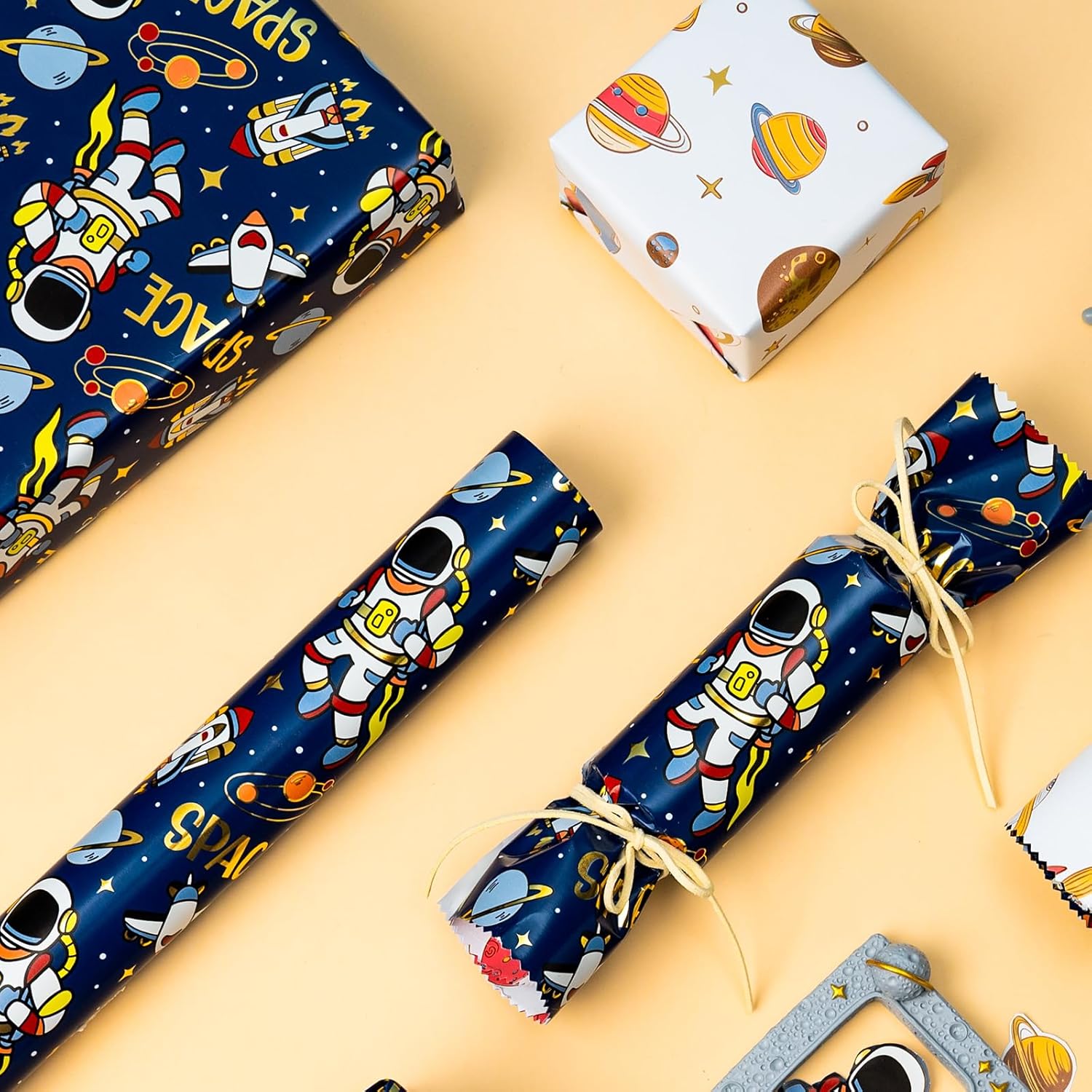 Space Wrapping Paper Roll, Birthday Wrapping Paper for Boys, Navy Blue Astronaut Gift Wrap for Kids Birthday Outer Space Party Decor RocketShip Wrap Galaxy Planets Stars (17 Inch X 33 Feet)