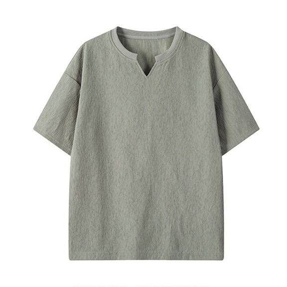 Ohufall Mens Plus Size V-neck Short Sleeve Shirts Fashion Leisure Workout Solid Color Casual T-shirt Top