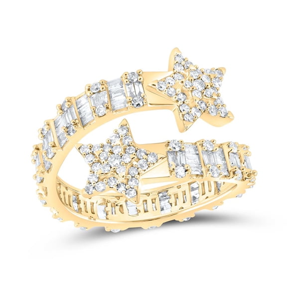 10K Yellow Gold Real Baguette Diamond Women's Eternity Star Cuff Band Ring 1 CT