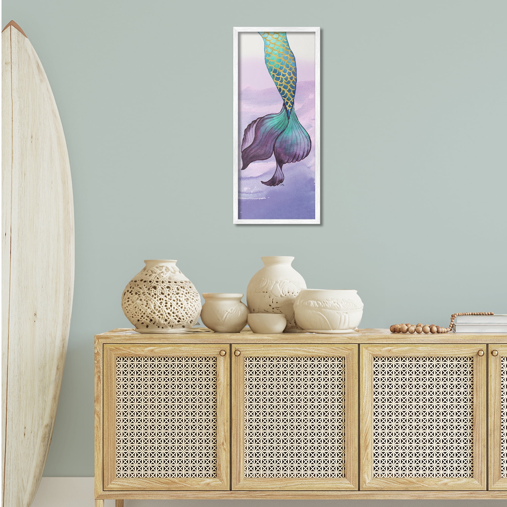 Stupell Industries Glam Accent Mermaid Tail Fairy Tales & Fantasy Painting White Framed Art Print Wall Art, 13 x 30