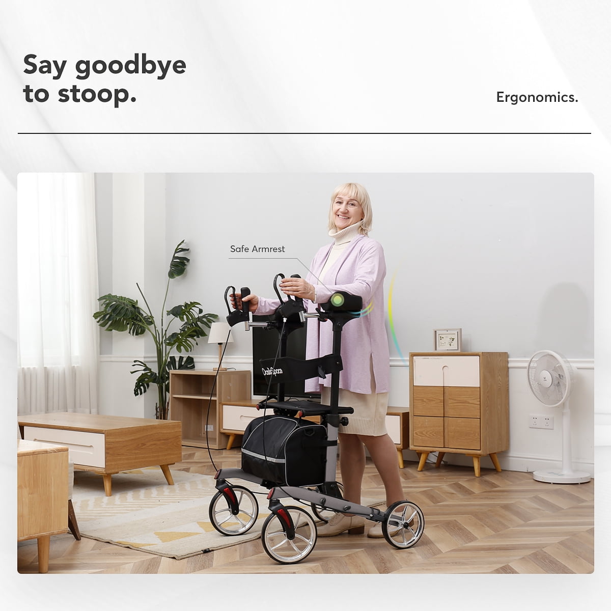 OasisSpace Tall Rollator Walker with 10” Front Wheels with Backrest and Pad Armrest for Senior