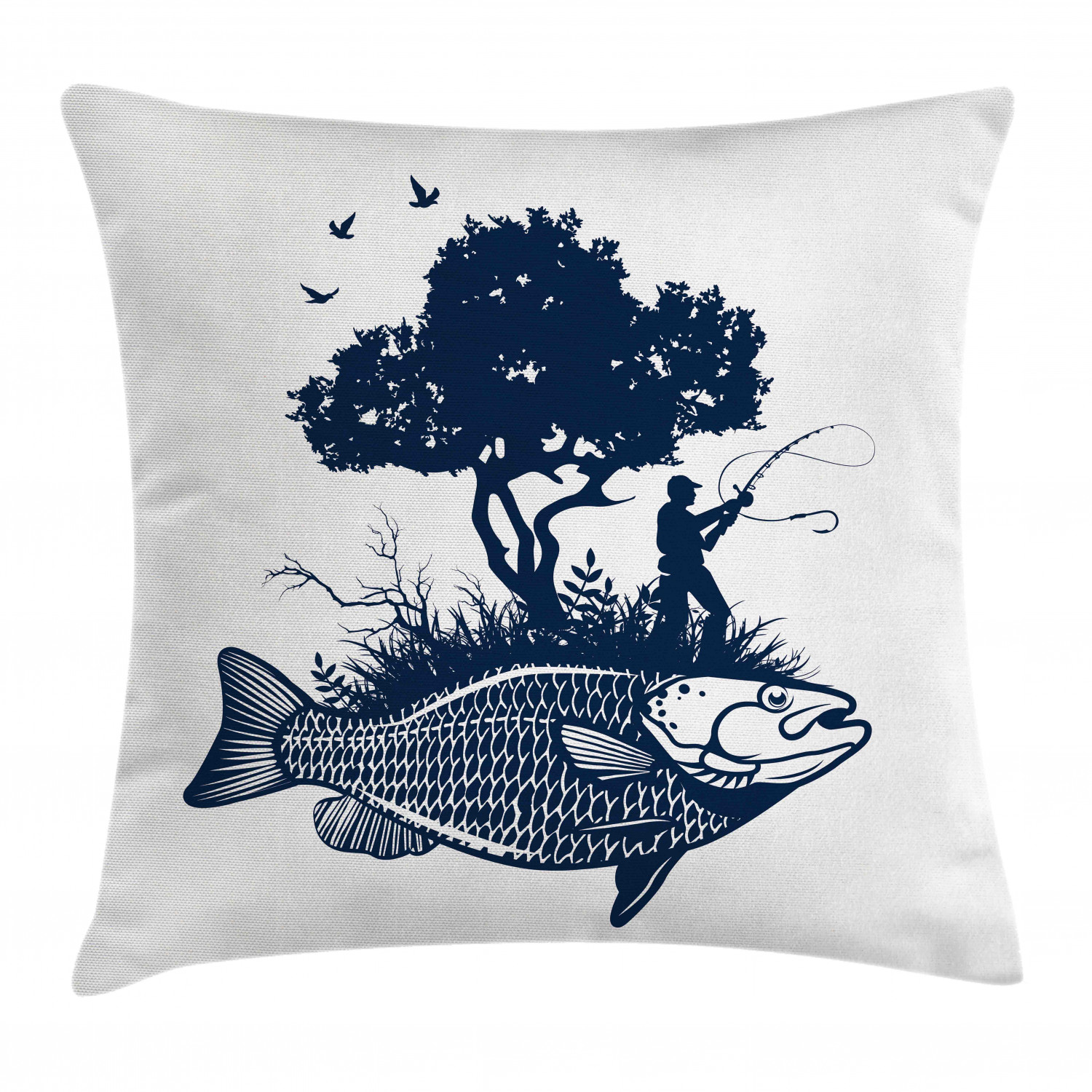 Gone Fishing Throw Pillow Cushion Cover, Abstract Graphic of Man and Tree Silhouette on Fish