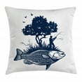 thumbnail image 1 of Gone Fishing Throw Pillow Cushion Cover, Abstract Graphic of Man and Tree Silhouette on Fish Shape Island, Decorative Square Accent Pillow Case, 18" X 18", Coconut Dark Violet Blue, by Ambesonne, 1 of 2