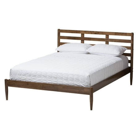Baxton Studio Opal Mid-Century Modern Solid Walnut Wood Slatted Headboard King Size Platform Bed